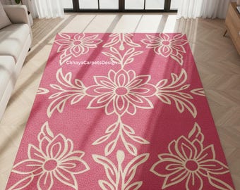 Pink and White Floral Pattern Rug, Modern Hand-Tufted Wool Area Rug for Living Room, Botanical Design Home Decor, Feminine Modern Style