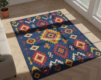 Handmade Tribal Wool Rug in Navy Blue | Colorful Geometric Pattern Area Rug | Boho Southwestern Living Room Floor Decor