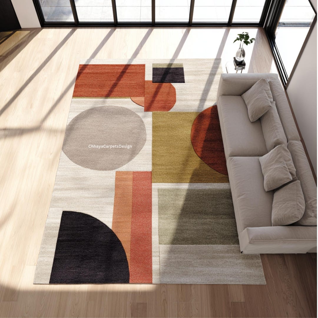 Terracotta Mustard Brown, Gray & Sage Green Geometric Rug | Modern ...