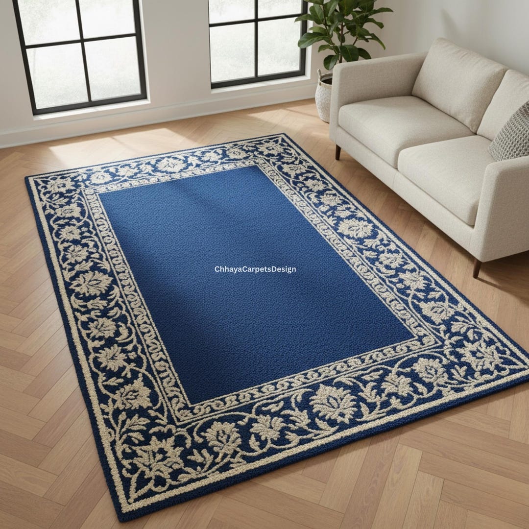 Elegant Blue Floral Border Rug – Classic Living Room Carpet ...