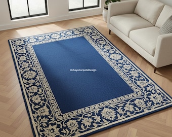 Elegant Blue Floral Border Rug – Classic Living Room Carpet, Traditional Style Area Rug for Home Decor