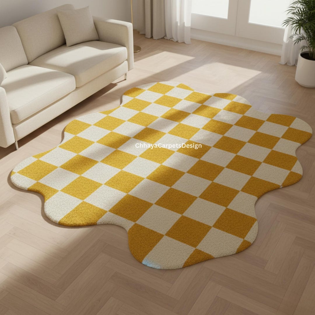 Wavy Checker Pattern Rug Modern Yellow Checkered Irregular Shape Rug | Handmade Wavy Edge Wool ...