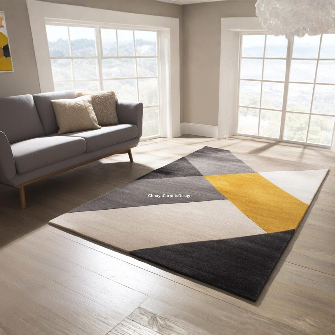 Yellow Rectangular Rug Rectangle Modern Geometric Rug | Yellow, Grey & Black Abstract Carpet ...