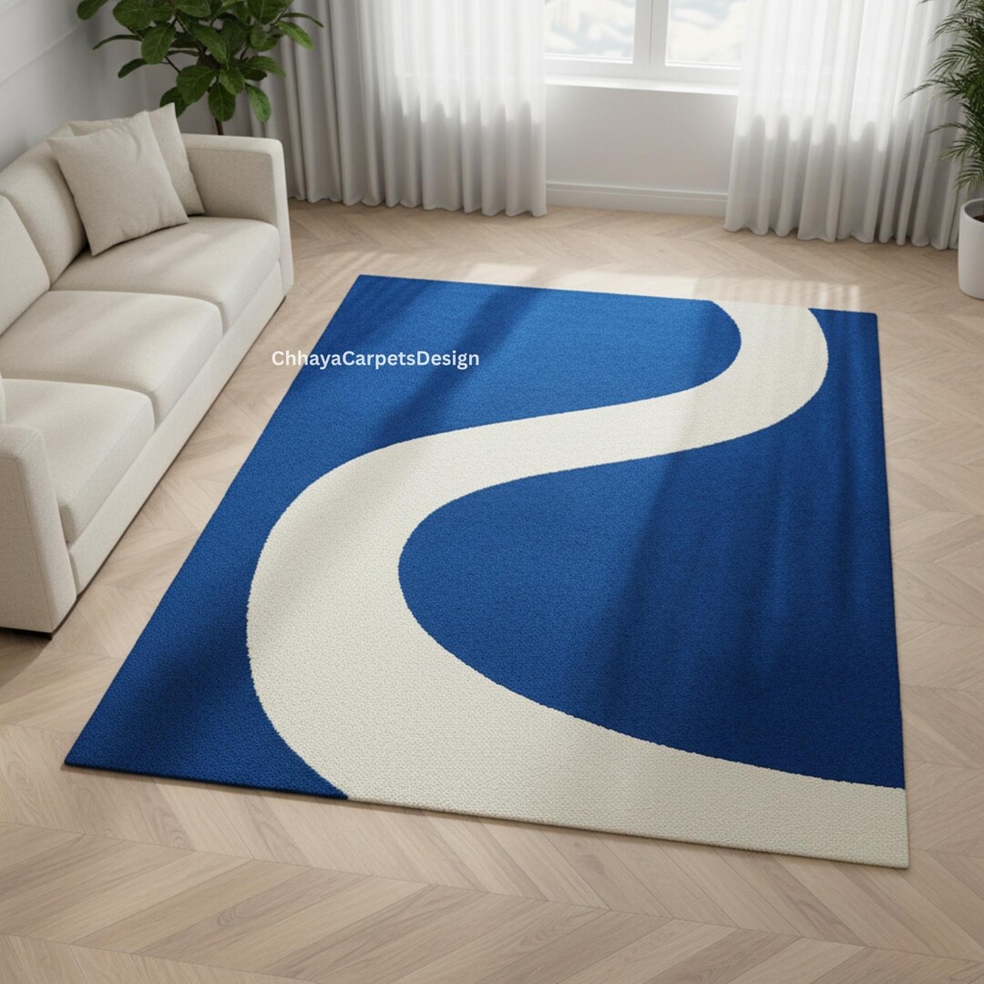 Blue and White Wavy Line Rug, Modern Abstract Hand-tufted Wool Area Rug ...