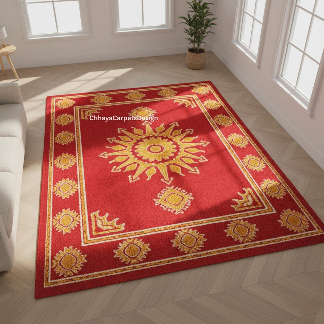 Red and Yellow Sun Motif Wool Rug | Handmade Indian Area Rug ...
