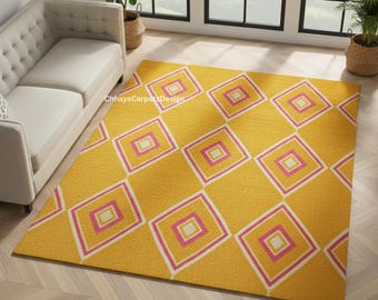 Modern Yellow & Pink Diamond Pattern Area Rug - Hand-Tufted Design
