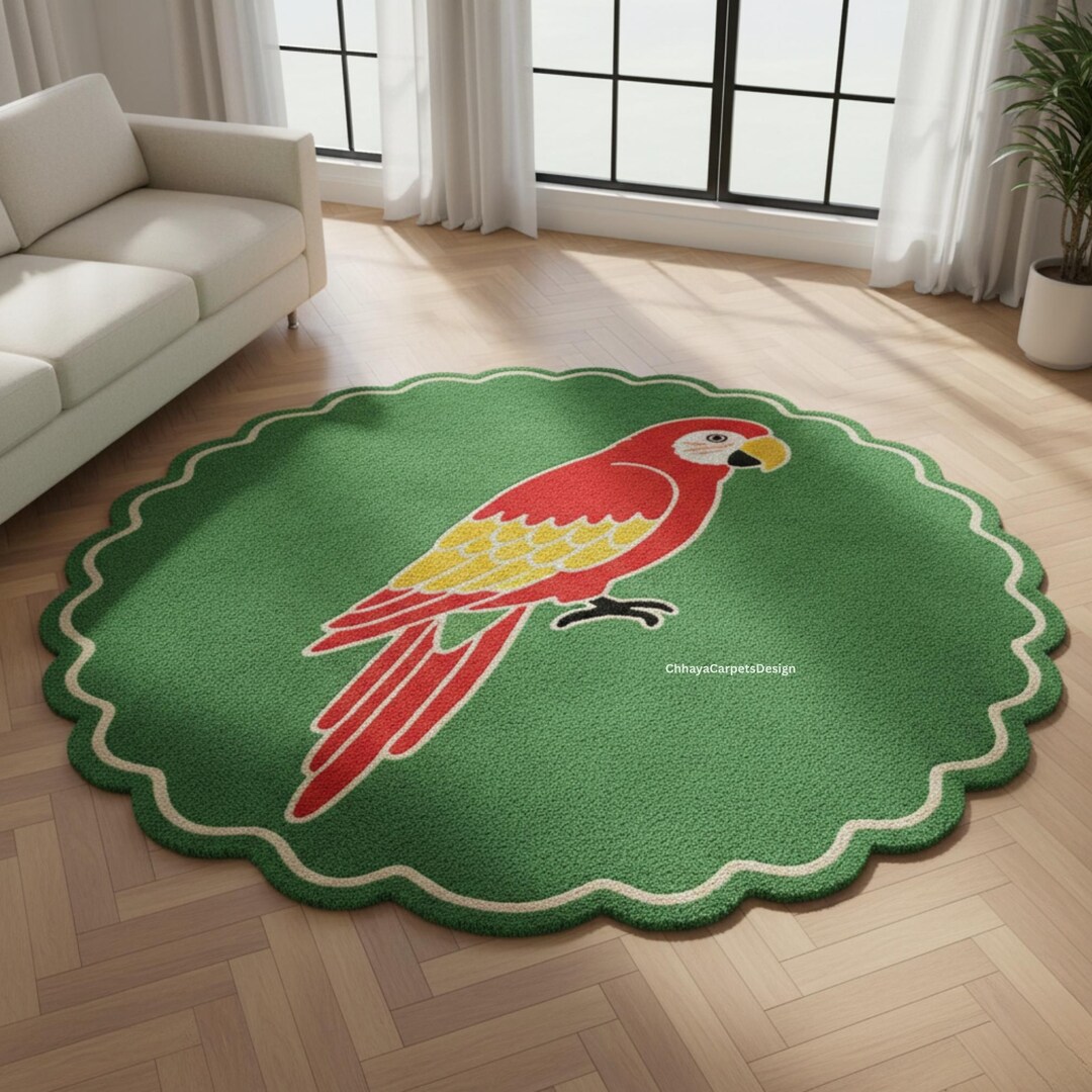 Vasa Parrot Rug Grass Green Scalloped Parrot Rug - Hand Tufted Wool Round Kids Room ...