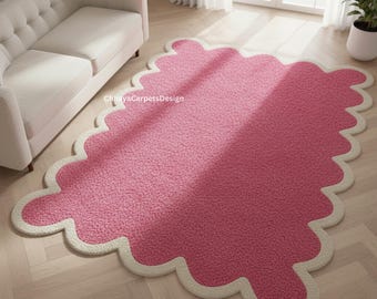 Alfombra festoneada rosa suave: diseño moderno hecho a mano para la decoración del hogar.