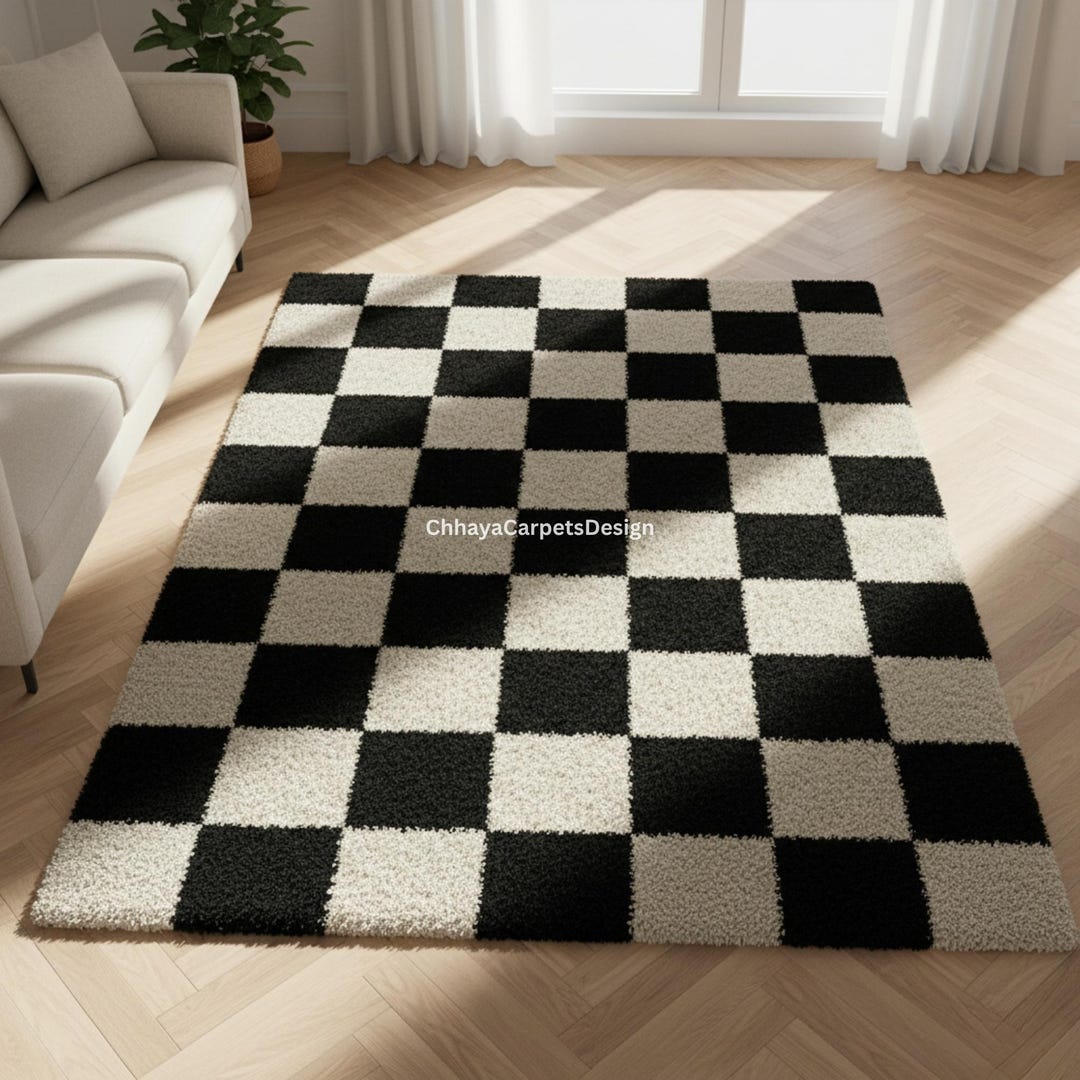 Modern Black and White Checkerboard Area Rug for Living Room, Soft Hand ...
