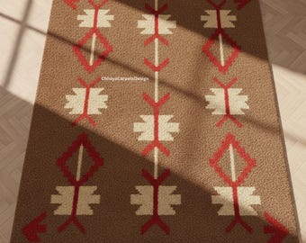 Puede incluir: Alfombra rectangular marrón con un patrón geométrico en rojo y crema. La alfombra presenta formas repetidas de flechas y diamantes, creando un diseño simétrico. La alfombra está colocada sobre un suelo de madera clara.