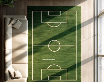 Football Field Kids Rug | Green Soccer Pitch Play Mat | Fun Sports Room Decor | Boys Playroom Area Carpet