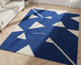 Modern Blue Geometric Pattern Carpet –  Tufted Stylish Area Rug for Living Room & Bedroom
