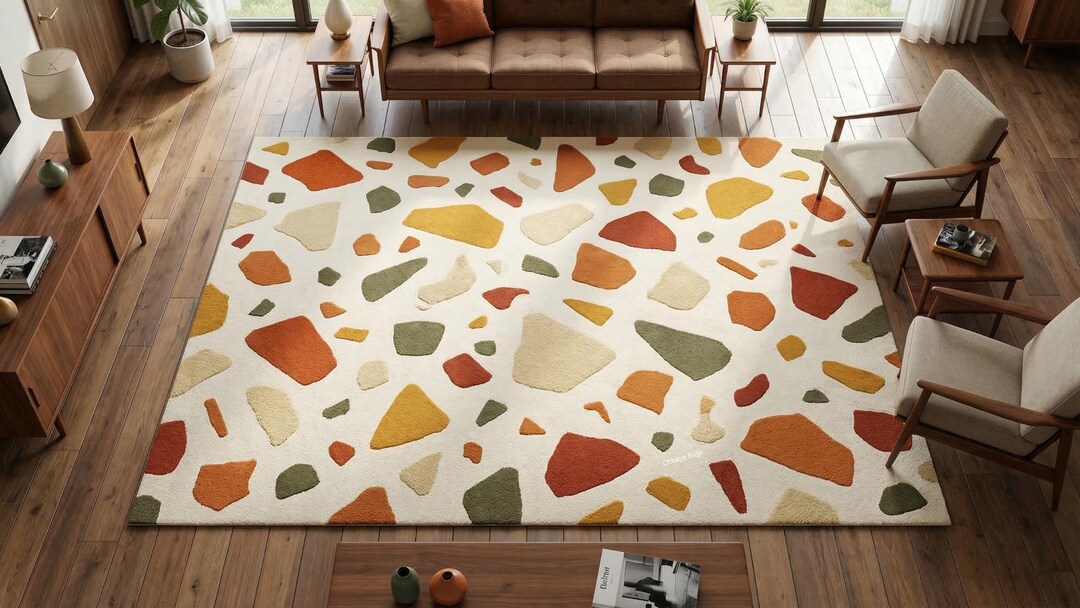 Terrazo Rug Terrazzo Tufted Wool Rug Living Room Carpet | Abstract Multi Color ...