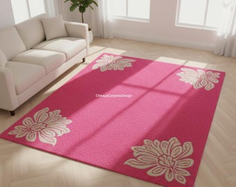 Pink Floral Area Rug, Modern Flower Design Carpet, Soft Living Room Floor Mat, Handmade Home Decor Rug