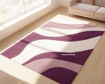 Purple Wavy Abstract Rug | Modern Wave Pattern Carpet | Soft Hand-Tufted Area Rug | Custom Size Living Room Decor | Lavender & Plum Rug