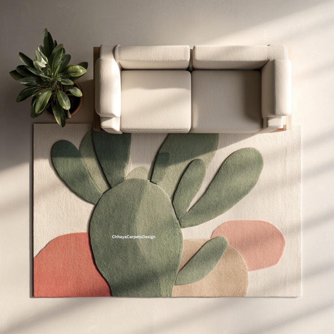 Modern Cactus Area Rug | Green Desert Plant Decor | Tufted Botanical ...