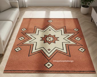 Terracotta Hand Tufted Wool Rug - Southwestern Star Geometric Area Carpet | Large Boho Tribal Rug, Custom Sizes Available