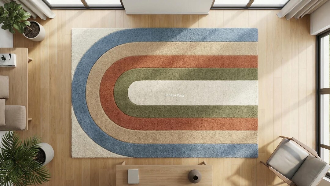 Retro Arch Tufted Wool Rug Living Room Carpet | Mid Century Stripe Blue ...