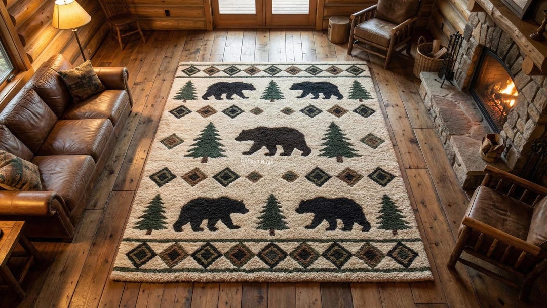 Bear Tufted Wool Rug | Rustic Lodge Cabin Carpet | Woodland Forest ...