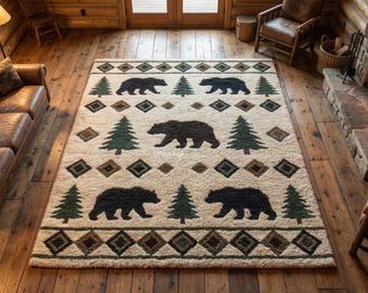 Bear Tufted Wool Rug | Rustic Lodge Cabin Carpet | Woodland Forest Animal Home Decor