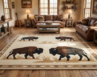Hand-tufted Wool Bison Rug | Rustic Farmhouse South Western Area Carpet