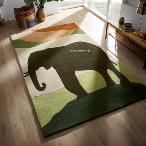 Elephant Safari Rug I Green & Beige Jungle Carpet I Nature Inspired Nursery Living Room Decor I Hand Tufted Animal Carpet