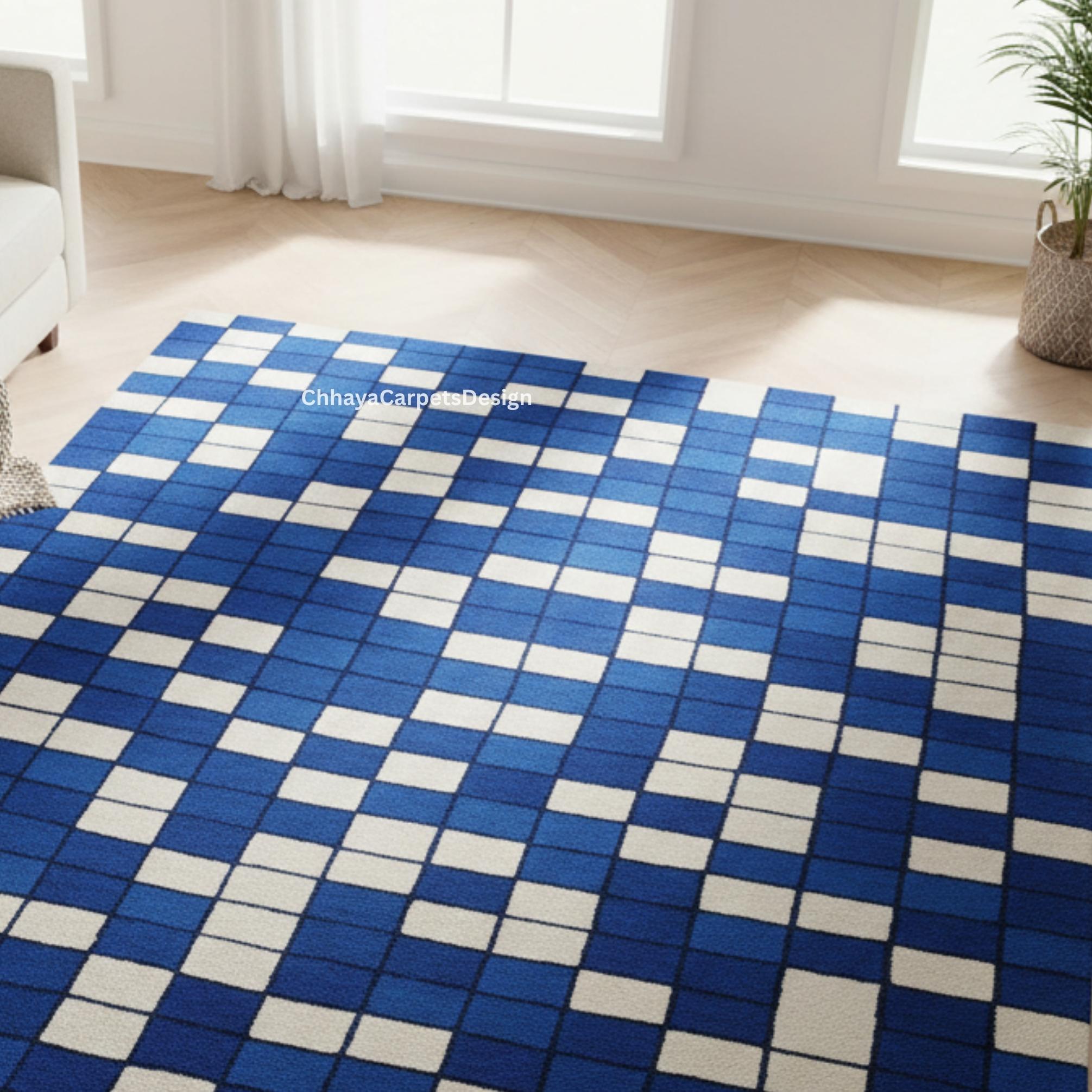 Blue Checked Rug Modern Blue & White Checkered Area Rug - Hand-tufted Geometric Design ...