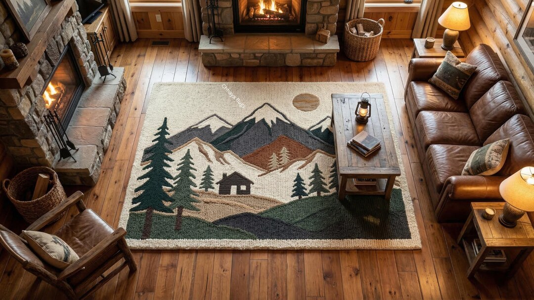 Hand-tufted Wool Mountain Landscape Rug | Rustic Cabin Lodge Area ...