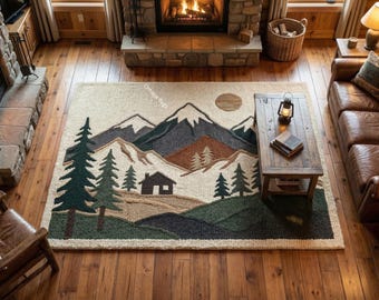 Hand-tufted Wool Mountain Landscape Rug | Rustic Cabin Lodge Area Carpet