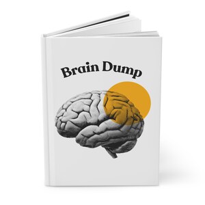 以下が含まれることがあります： 表紙に黒字でBrain Dumpと印刷された白いハードカバーの本。テキストの下には、人間の脳の白黒ハーフトーンイラストがあり、脳の右側を覆うように無地の黄色い円が描かれています。