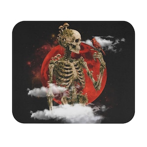 Skeleton with Cardinal Mouse Pad | Gothic Red Moon, Clouds