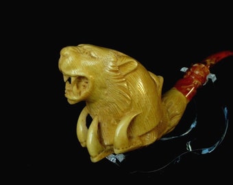 Roaring Lion in Eagle Claw Turkish Block Meerschaum Pipe Big Bowl Patina Gift 10