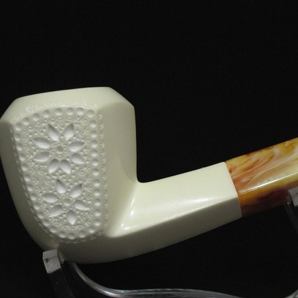 Diamond Shank & Paneled Floral Meerschaum Pipe Pipa de Espuma de Mar New Tobacco Smoking Pipes Pfeife Hand Made w Case Stand Pouch