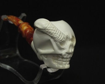 Snake in Scary Skull Eye Block Meerschaum Pipe Hand made Turkey Free Hand 9057