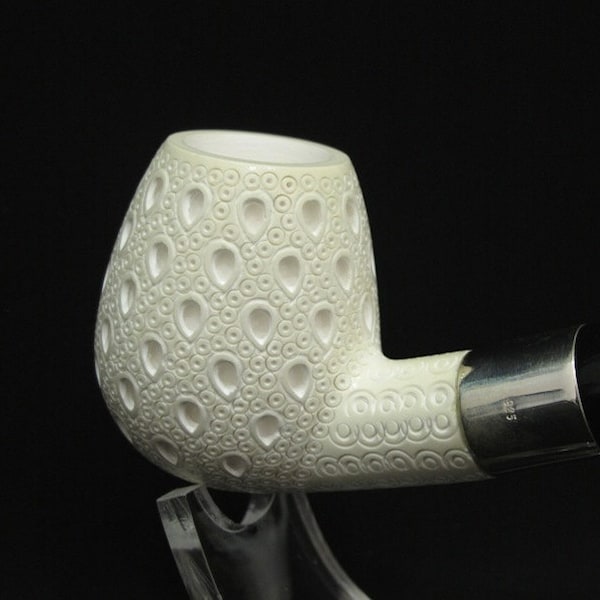 Lattice Bent Apple Apfel Meerschaum Pipe 925 Silver Band New