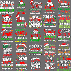 Puede incluir: Una colección de diseños gráficos con temática navideña sobre un fondo gris. Cada diseño presenta las palabras "Dear Santa" con la frase "Before I explain how much do you know?" en varias fuentes y colores, junto con gorros de Papá Noel y elementos festivos.