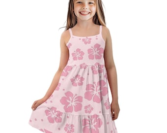Pink Hibiscus Girls Sundress, Tropical Floral Tiered Spaghetti Strap Dress, Toddler Beach Summer Outfit, Hawaii Vacation Kid Dress Gift