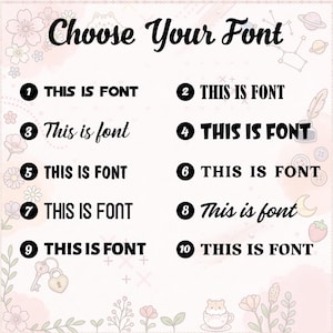 May include: A graphic showcasing font options. The text "Choose Your Font" is at the top. Below, ten numbered examples display different font styles, each with the phrase "THIS IS FONT" or "This is font". The background has a soft, watercolor-like floral design.