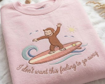 Embroidered Curious George Surfing Sweatshirt, Retro Summer Monkey Apparel