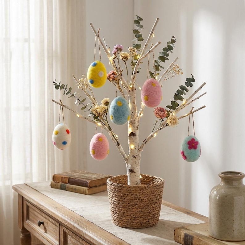 May include: A decorative Easter tree with birch branches, adorned with colorful felt egg ornaments. The eggs are in shades of yellow, pink, and blue, with floral and polka dot patterns. The tree sits in a woven basket, with fairy lights.