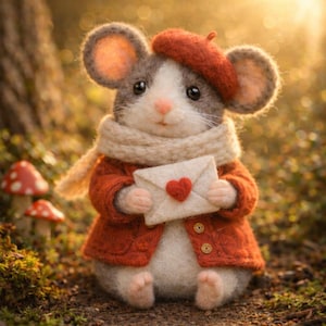 May include: A charming felt mouse wearing a rust-colored beret and coat, a cream scarf, and holding a small envelope with a red heart. The mouse is set against a blurred forest background with two red and white mushroom figures.