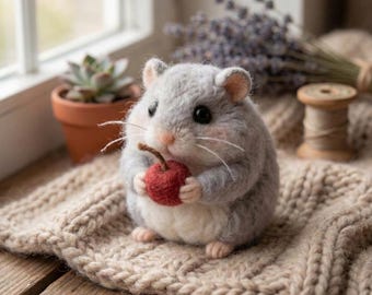 Miniature Needle Felted Grey Hamster with Berry, Handmade Wool Animal Figurine, Realistic Pet Figure, Unique Gift for Hamster Lovers
