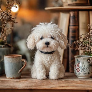 Puede incluir: Una pequeña figura de perro blanco y esponjoso con pelaje rizado y un collar oscuro, sentada erguida. El perro tiene ojos oscuros y nariz negra, colocado entre una taza de cerámica azul claro y una taza blanca con estampado floral.