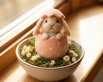 Needle Felted Hatching Bunny in Egg | Miniature Easter Rabbit Figurine | Cute Spring Nursery Decor | Healing Wool Gift & Keepsake