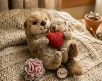 Unique Mother’s Day Gift - Needle Felted Otter Mom and Baby - Red Heart - Handmade Wool Sculpture - Nursery Decor