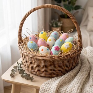 May include: A woven wicker basket filled with colorful Easter eggs. The eggs are pastel-colored, with various floral and dot designs. The basket sits on a wooden table, with a soft blanket in the background. The eggs have twine loops for hanging.