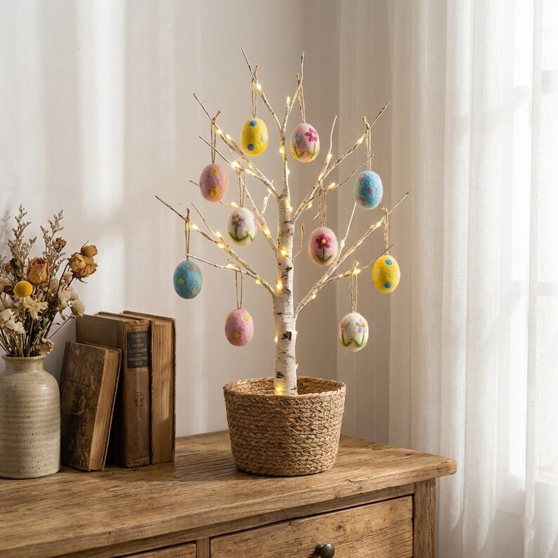 May include: A decorative Easter tree with a birch trunk and branches, adorned with colorful, felted egg ornaments. The tree is illuminated with small, warm white lights and sits in a woven basket. The arrangement is on a wooden surface.
