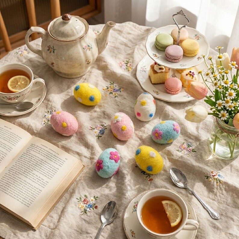 May include: A still life featuring a floral-patterned teapot, teacups with lemon slices, and decorative Easter eggs. The eggs are in various colors, including pink, yellow, and blue, with floral and polka dot designs. A two-tiered dessert stand holds macarons and pastries.