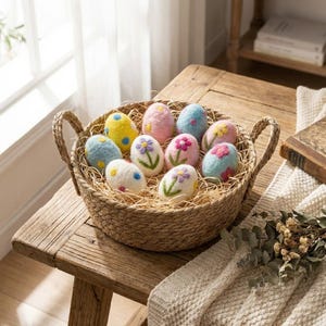 May include: A woven basket filled with colorful, decorative Easter eggs. The eggs are pastel-colored, with some featuring embroidered floral designs. The basket sits on a rustic wooden table, creating a charming, springtime display.
