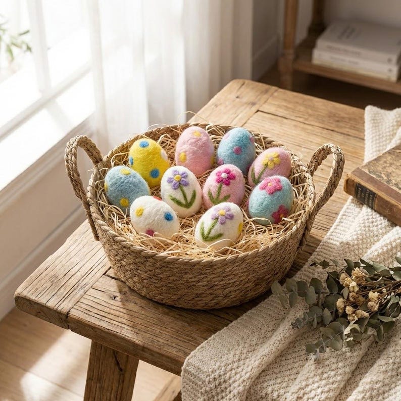 May include: A woven basket filled with colorful, decorative Easter eggs. The eggs are pastel-colored, with some featuring embroidered floral designs. The basket sits on a rustic wooden table, creating a charming, springtime display.